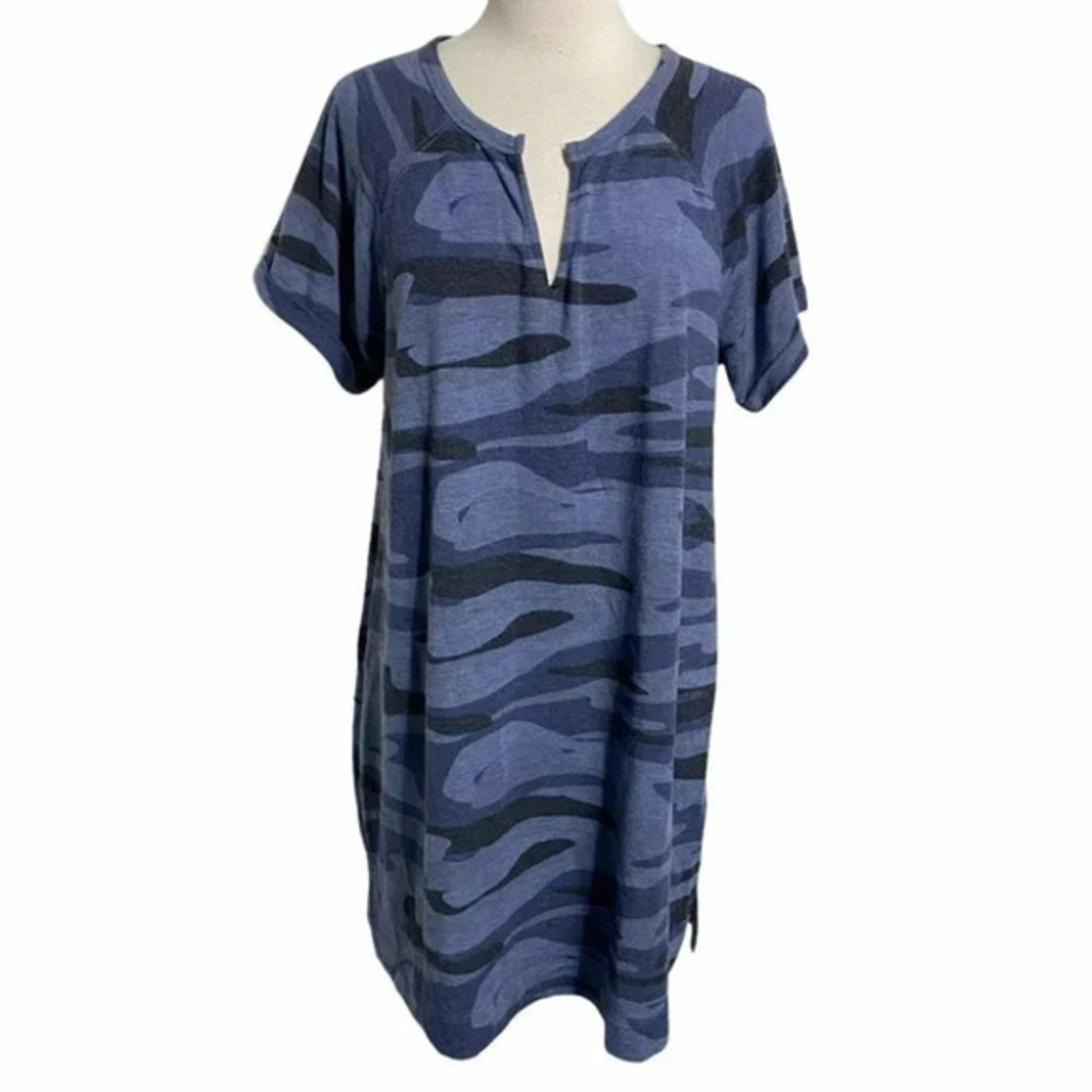 Cable & Gauge T-Shirt Dress XL Blue Camo Split Neck Raglan Sleeve Side Slit